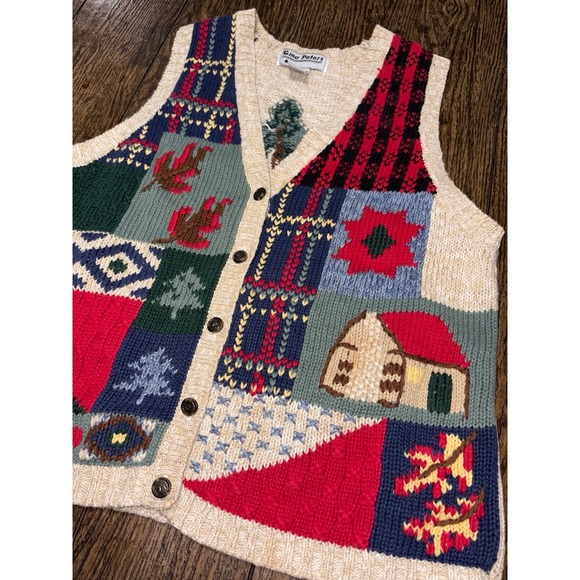 Vintage Gina Peters Sweater Vest Womens Medium Multicolor Patchwork Ramie 90s - Picture 2 of 5